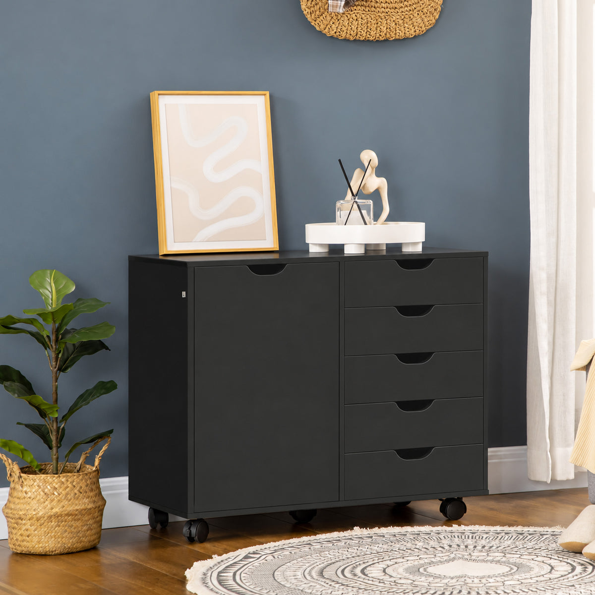 Caisson de bureau avec 5 tiroirs 1 porte étagère réglable, support imprimante sur roulettes, 78x40x66,5 cm, noir-1
