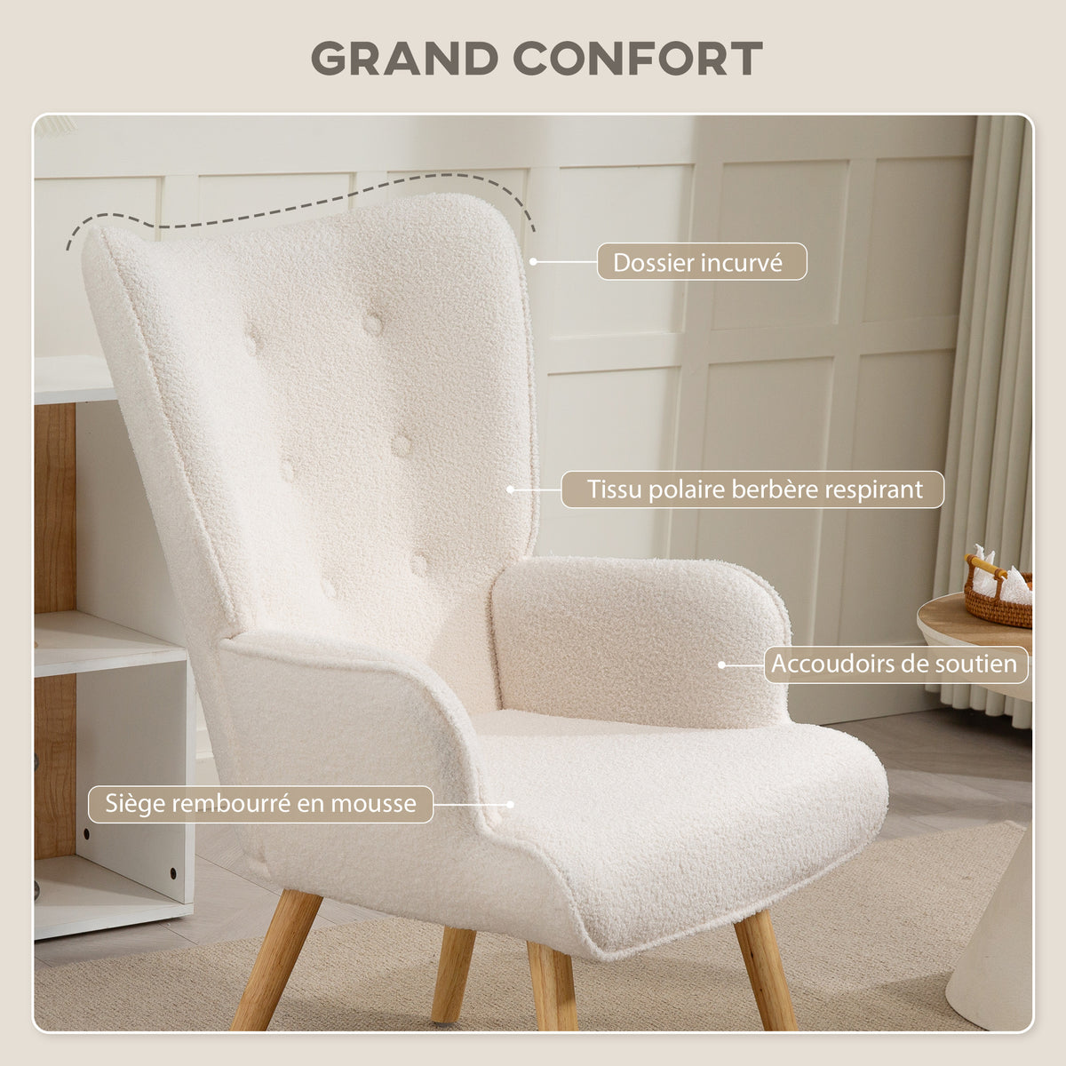 Fauteuil de salon en tissu bouclette, fauteuil capitonné et rembourré avec pieds en bois, 71 x 74 x 96 cm, beige-4