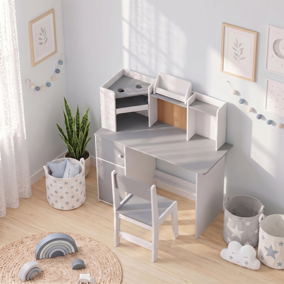 Bureau Enfant avec Chaise, Table d'Étude, Support de Tablette Réglable, Porte-Stylos, Panneau en Liège, 5-12 ans, Gris-1