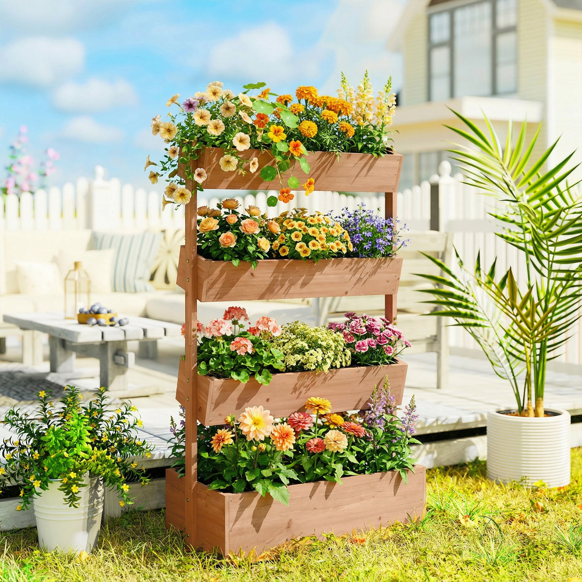 Jardinière Surélevée en Bois avec 4 Étages, avec Trous de Drainage et Doublure en Tissu, 85x45x140cm, Marron-1