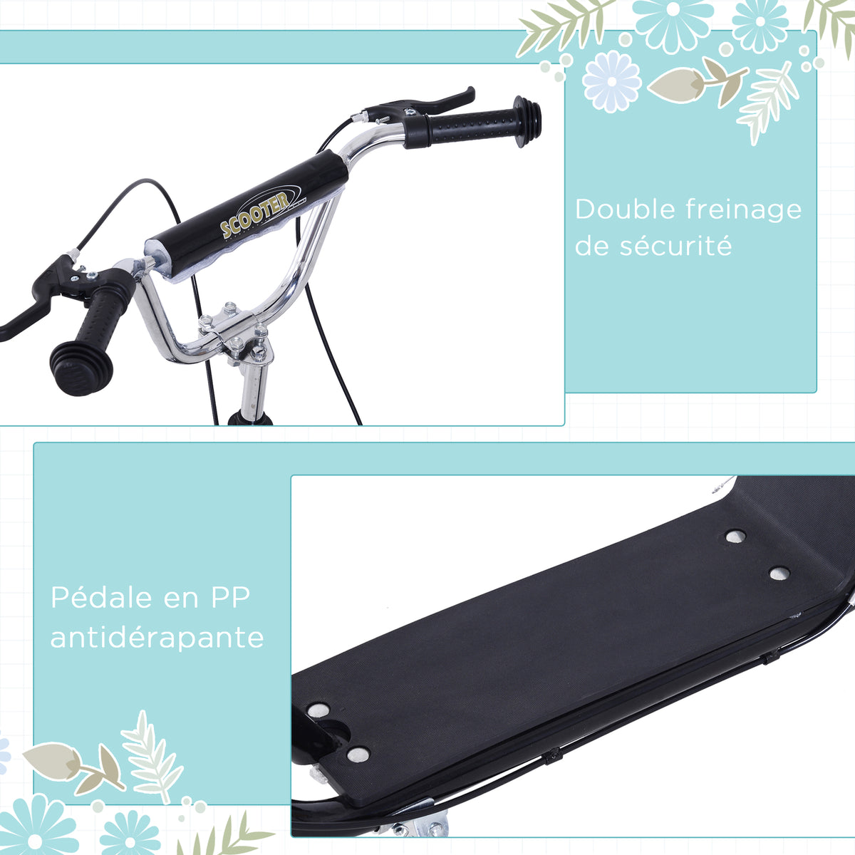 Trottinette patinette Vélo Enfant à partir de 5 Ans Tout Terrain Grands pneus gonflables Guidon réglable poignées Freins et béquille pour Adultes et Enfants Acier Noir-6