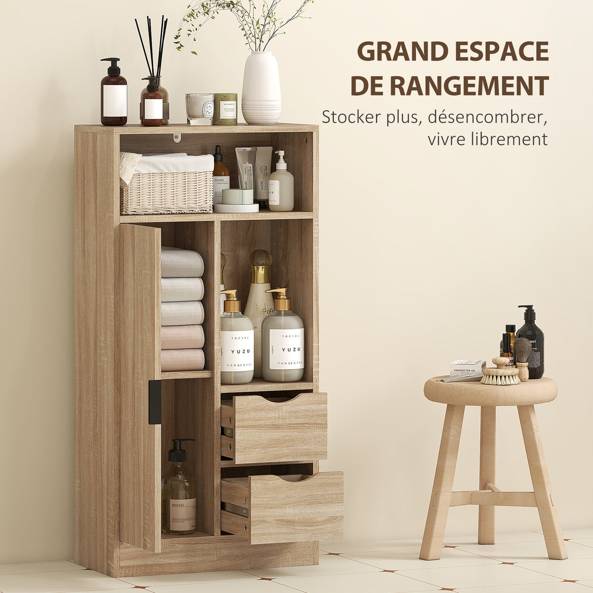 Meuble de salle de bain, meuble de rangement étroit avec 2 tiroirs, compartiments ouverts, 50x25x100cm, bois naturel-3