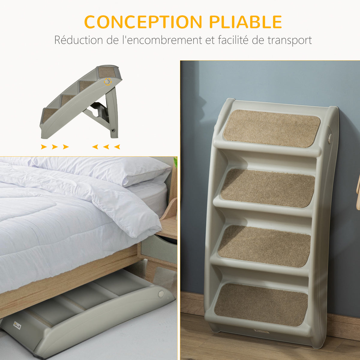 Escalier pour chien pliant à 4 marches antidérapantes escalier pour animaux en plastique 62 x 38 x 49,5 cm gris-3
