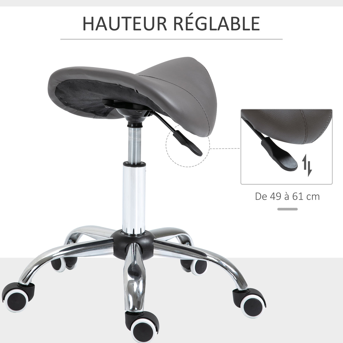 Tabouret à roulettes, tabouret de massage avec hauteur réglable 49-61 cm et selle ergonomique, chaise de travail à roulettes pivotant 360°, pour salon de massage tatouage clinique spa, gris-3