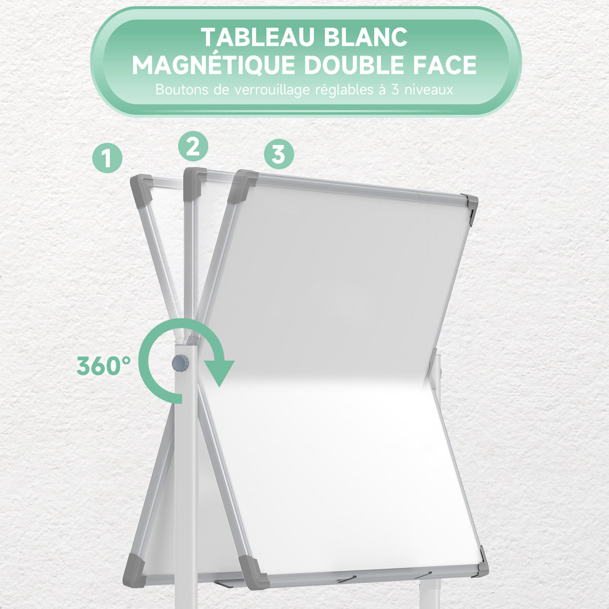 Tableau blanc magnétique double face effacable rotatif mobile avec support, aimants, marqueurs, gomme et roulettes-3