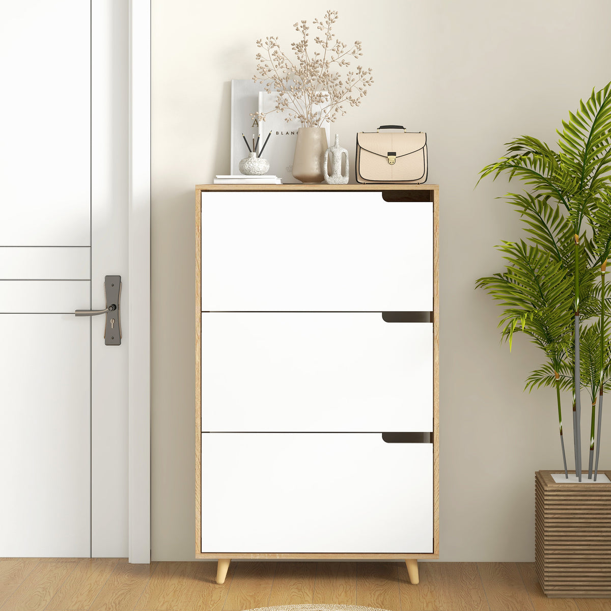 Meuble à chaussures 3 abattants avec étagère réglable, 72L x 24P x 119H cm, naturel et blanc-7