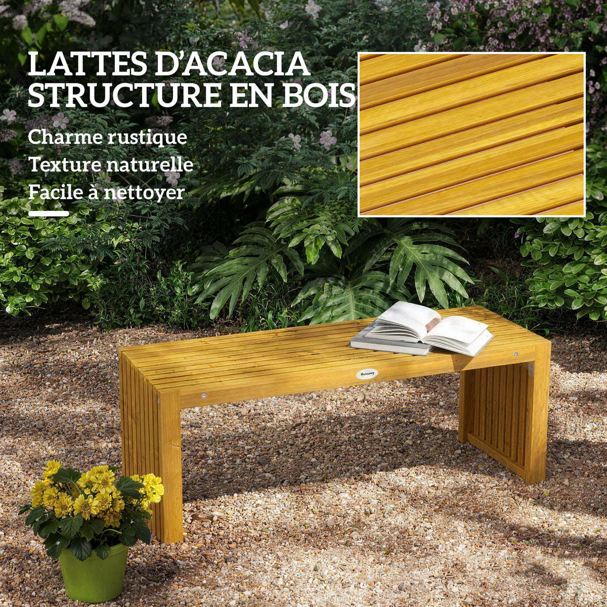 Banc de Jardin en Bois d'Acacia sans Dossier 2 Places, Assise à Lattes Effet Bois, 110x30x45cm, Bois naturel-4