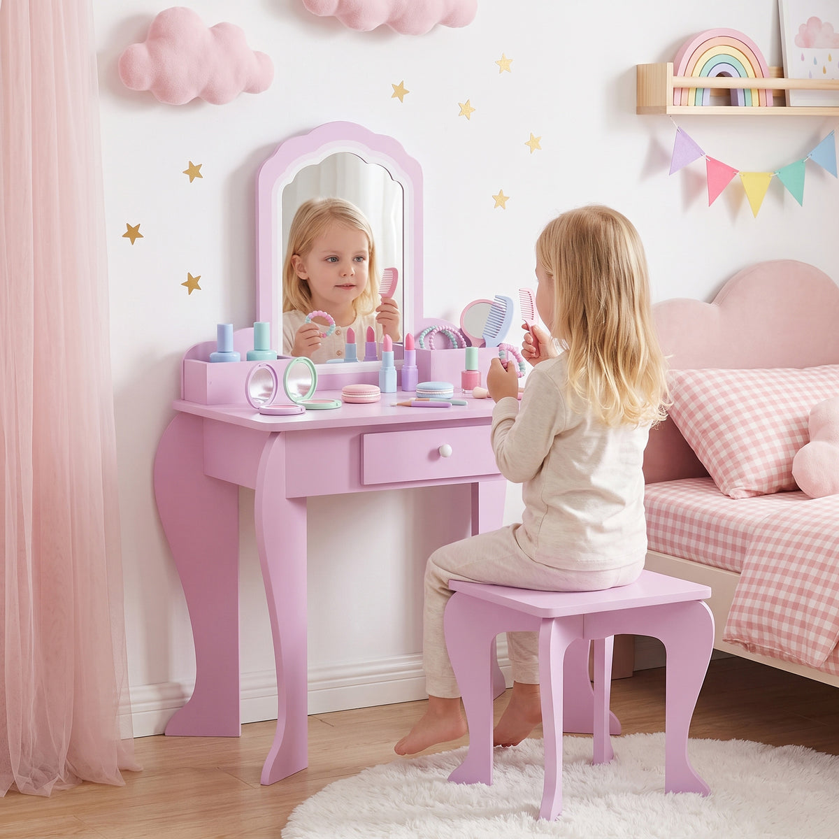 Coiffeuse pour enfant avec tabouret et miroir, table de maquillage avec tiroir et 2 compartiments, 55x36x86cm, rose-1