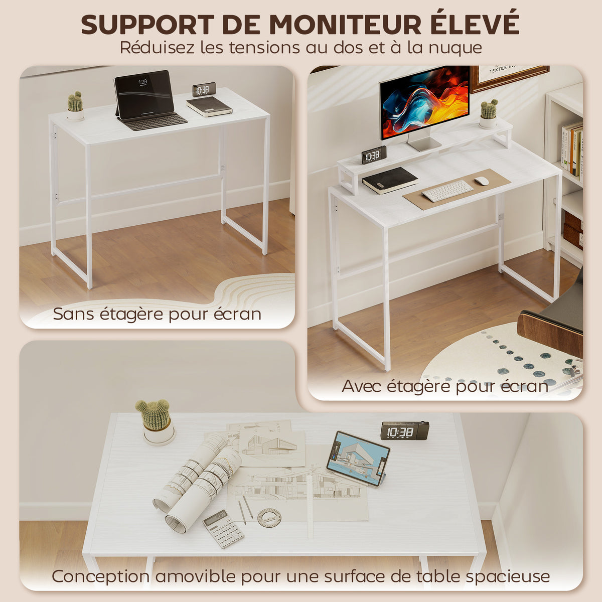 Bureau d'ordinateur pliable avec support d'écran, pour chambre, petits espaces, 100 x 48 x 87,5 cm, blanc-4