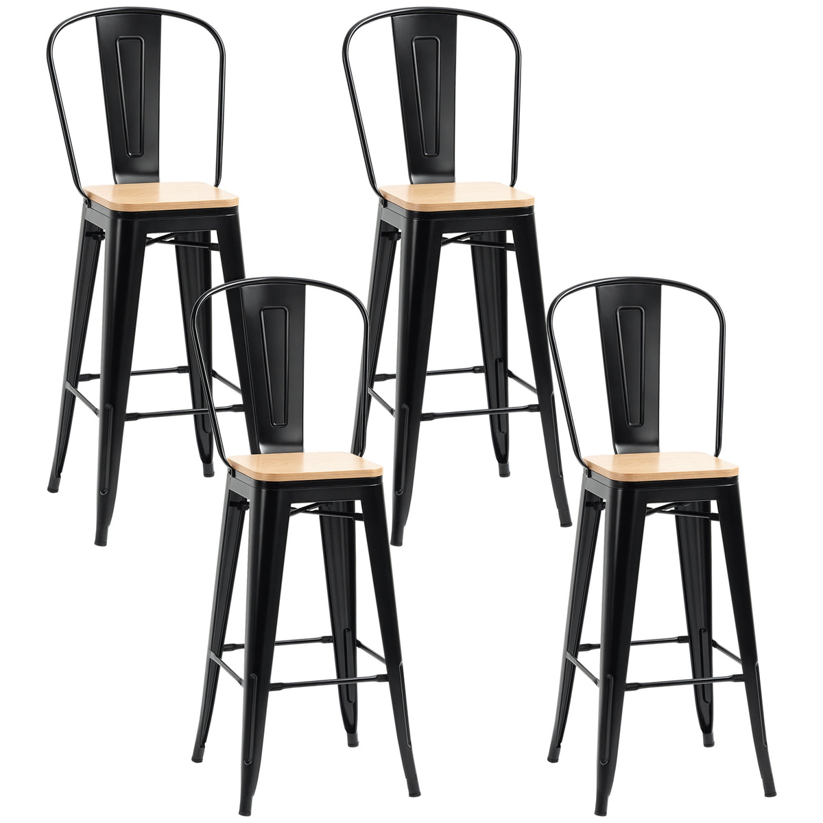 Lot de 4 tabourets de Bar Industriel avec Dossier Repose-Pied Hauteur Assise 76 cm métal noir Panneaux Multicouches Imitation Bois Clair-0