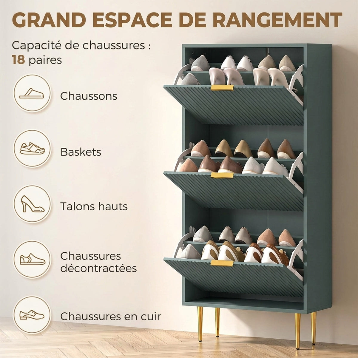 Meuble à Chaussures 18 Paires, Armoire à Chaussures avec 3 Tiroirs, Façades Cannelées et Étagères Réglables, Vert Foncé-4