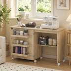 Table de couture pliante meuble couture à abattant avec bacs de rangement, étagère ouverte et roulettes, bois naturel-8
