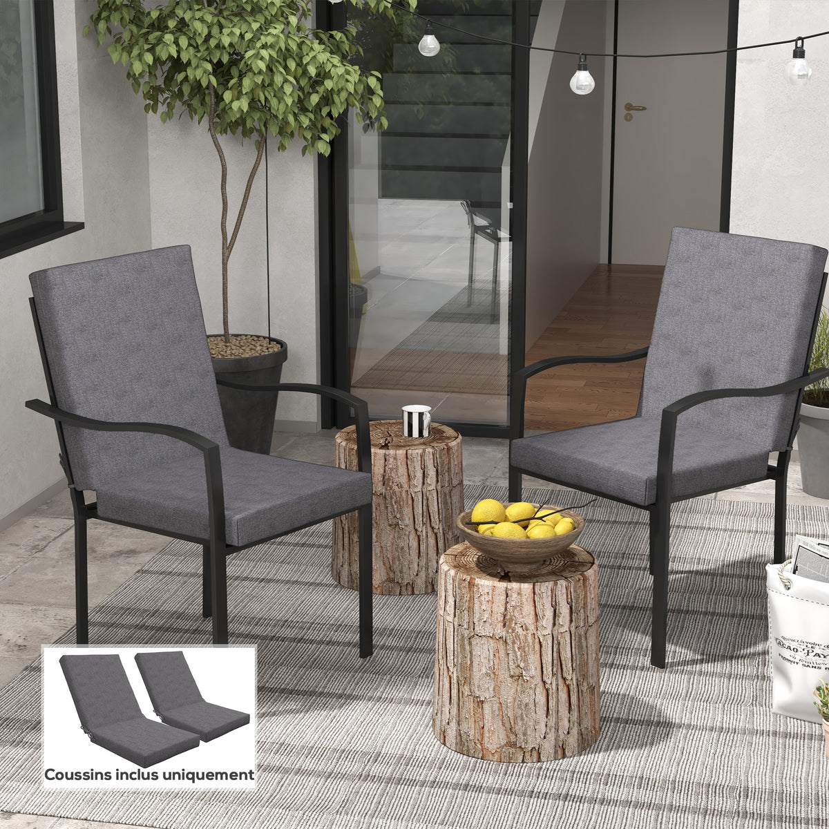 Lot de 2 coussins d'extérieur pour fauteuil chaise à dossier avec attaches rembourrage 8 cm, 112L x 51l cm, gris foncé-1