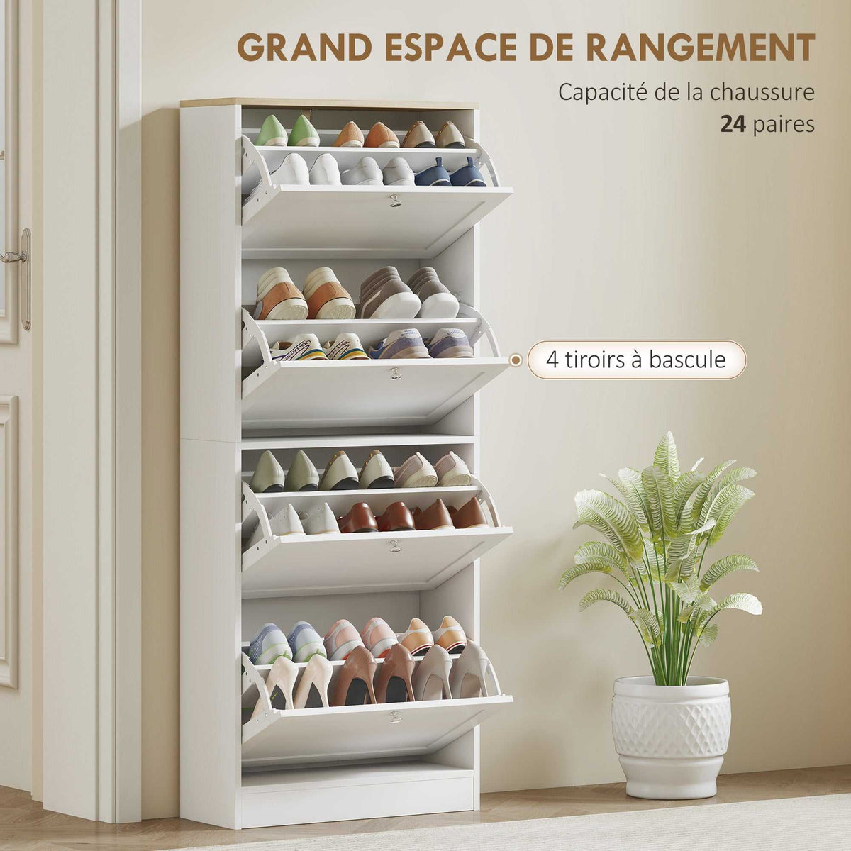 Meuble à chaussures 24 paires, armoire à chaussures avec 4 tiroirs rabattables, étagères réglables, 60x23,5x153cm, blanc-3
