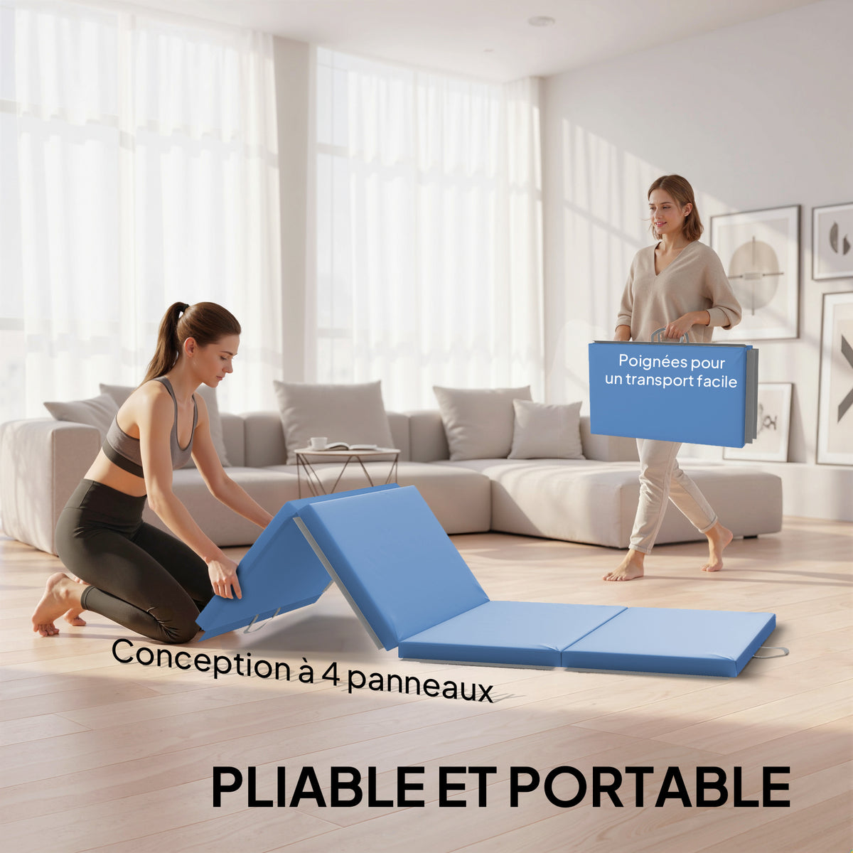 Tapis de gymnastique yoga pilates fitness pliable en 4 avec poignées revêtement synthétique 180 x 80 x 5 cm bleu clair-3