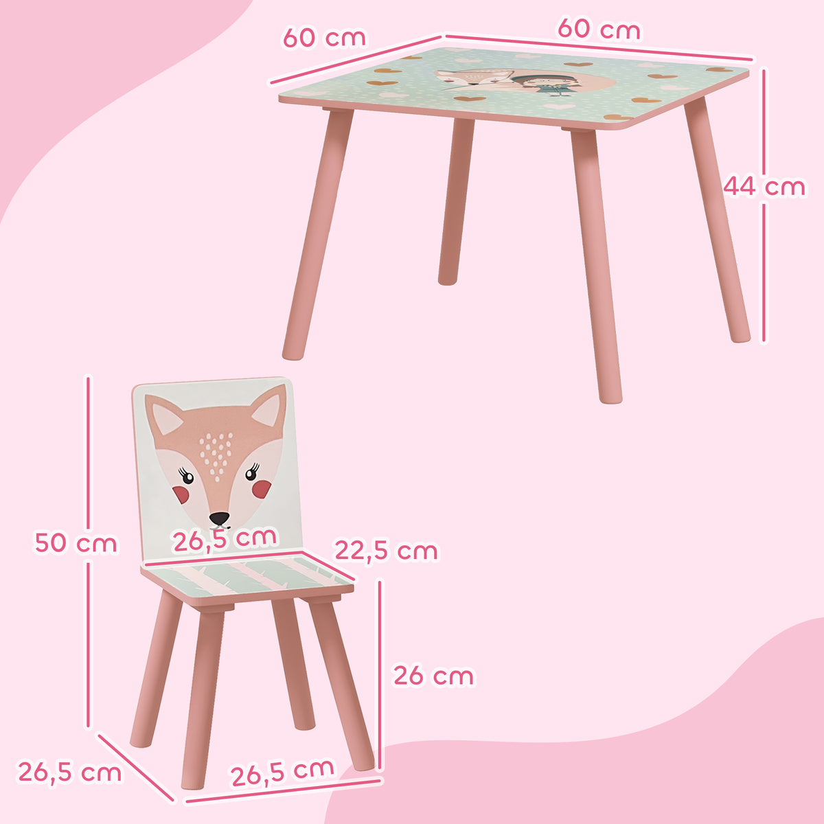 Ensemble table et chaises pour enfants, table pour enfant avec 2 chaises, motif animaux pour chambre à coucher rose-2