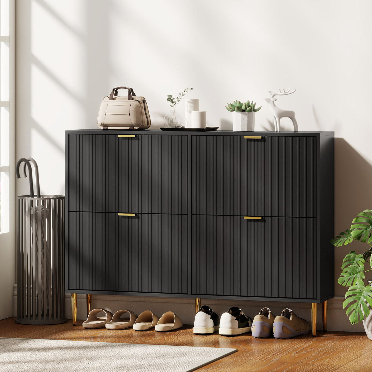 Meuble à chaussures 20 paires avec 4 tiroirs rabattables, portes cannelées et étagères réglables, 105x24x91,5cm, noir-7