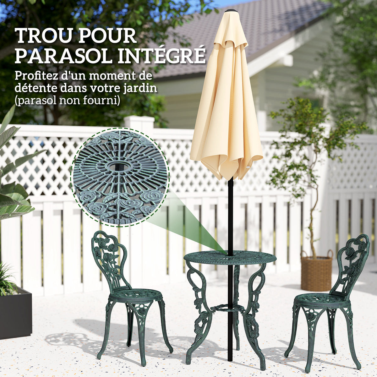 Ensemble Salon de Jardin 2 Places 2 chaises + Table Ronde Style néo-rétro Motif Rose Lignes fuselées Fonte-3