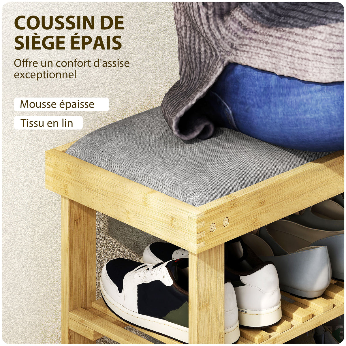 Banc à chaussures en bambou, étagère à chaussures à 3 niveaux, style scandinave, 60 x 29 x 49 cm, gris et bois naturel-3