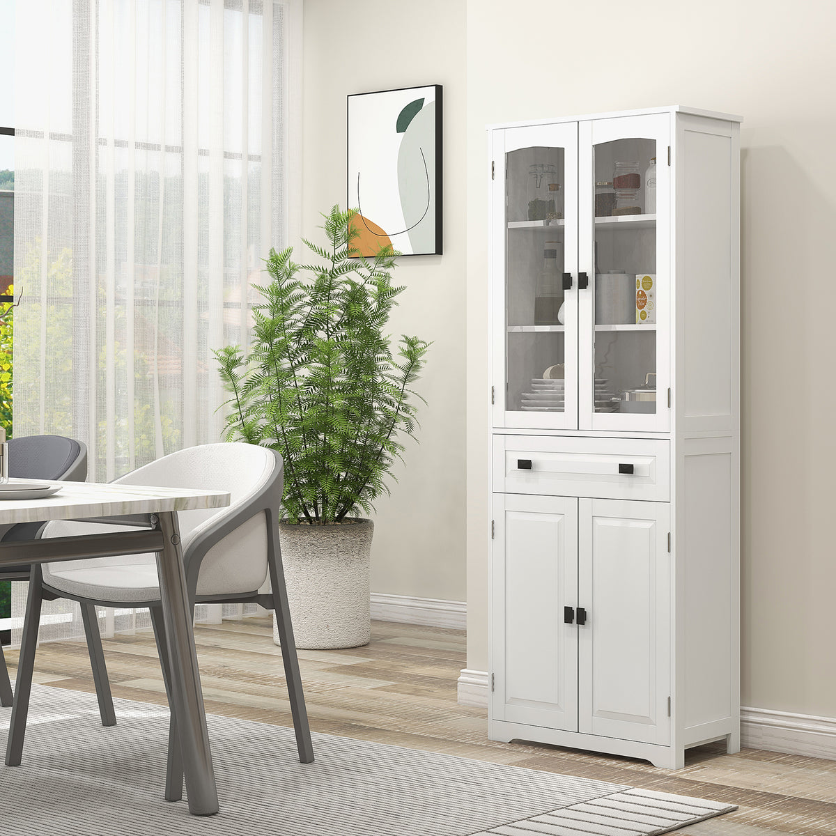 Buffet haut armoire de cuisine 4 portes dont 2 portes vitrées et 1 tiroir hauteur 160 cm avec étagères en bois blanc-1