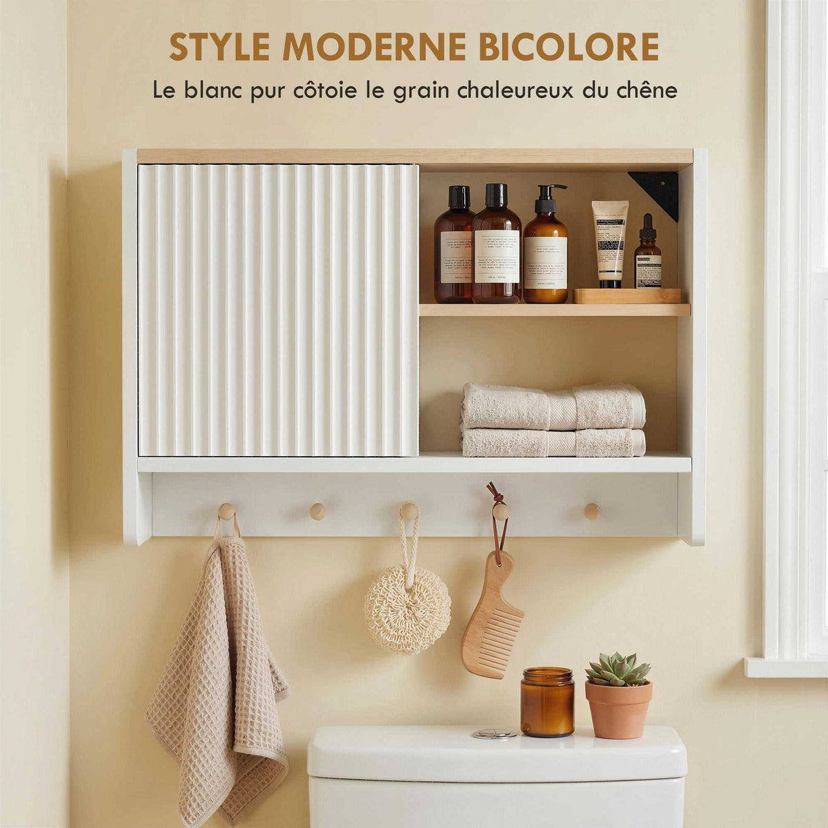 Armoire murale de salle de bain, meuble de rangement de salle de bains avec porte, étagères ouvertes et 5 crochets-6