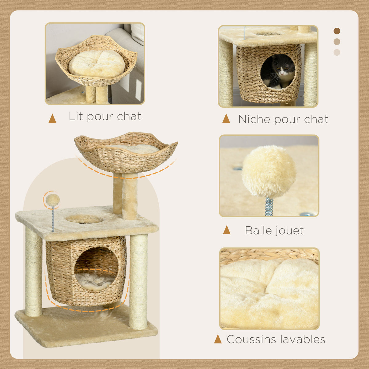Arbre à chats griffoir sisal naturel 1 niche panier pompon peluche jacinthe d'eau 45 x 40 x 74 cm beige-4