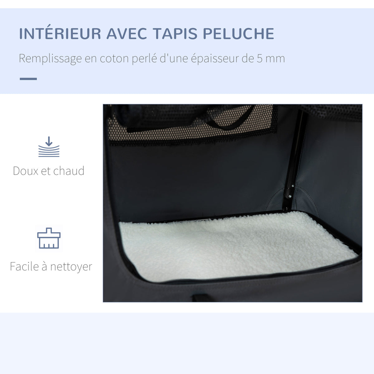 Sac de transport pliable - poignée, 3 entrées zippées, poche - coussin amovible - acier oxford polyester gris noir-4