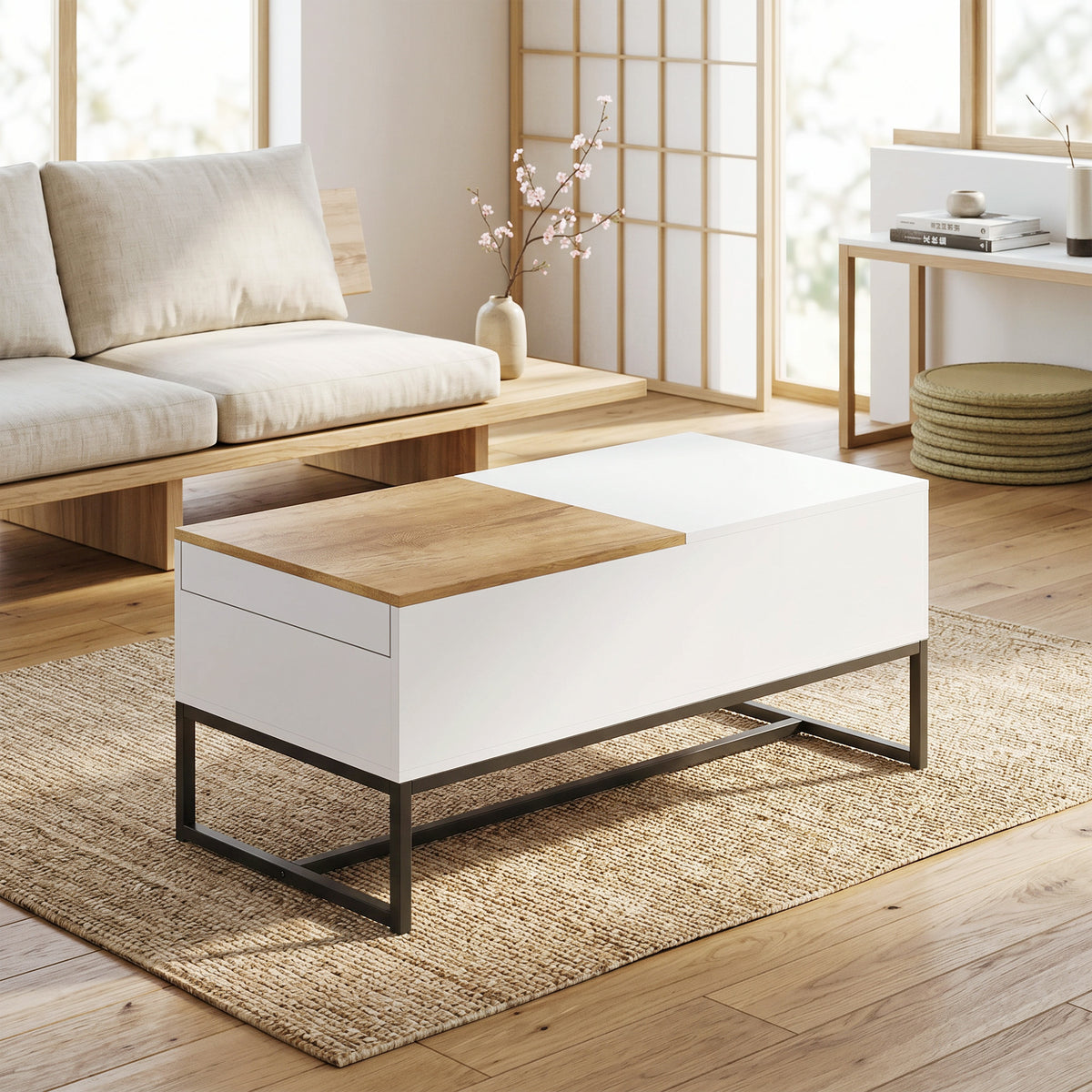 Table Basse Extensible avec Plateau Coulissant, Table de Salon avec Rangement Caché et Pieds en Acier, Blanc-8