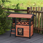 Cabane Chat Extérieur avec Terrasse, Escalier, Toit, Niche Villa, 77 x 50 x 73 cm Marron et Rouge-9