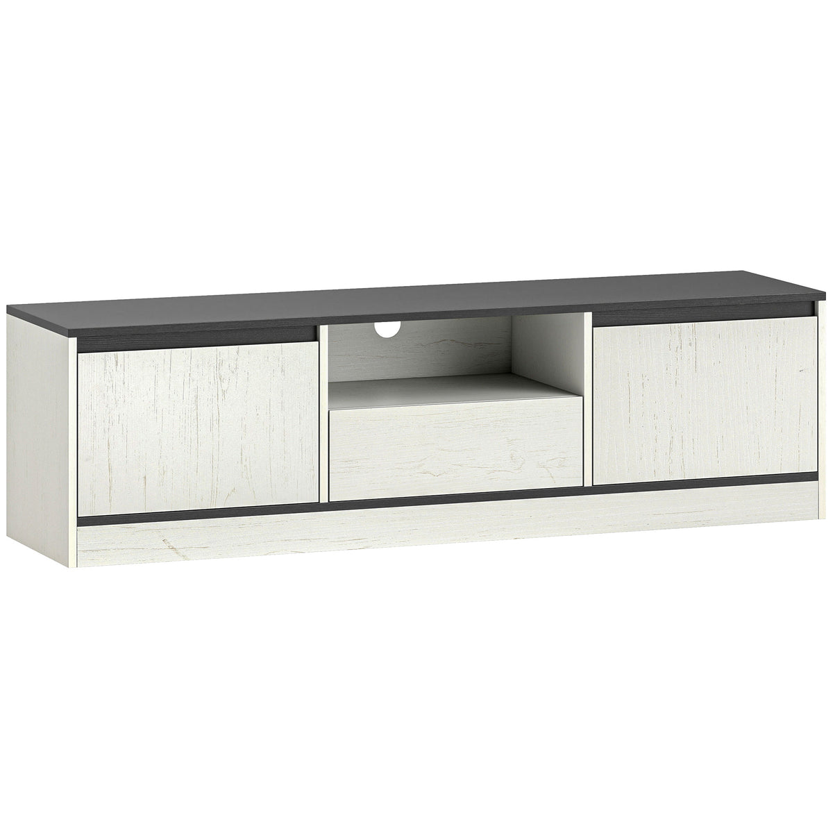 Meuble TV pour Télévision jusqu'à 60" avec 2 Armoires, 1 Étagère Ouverte, 1 Tiroir, Moderne, 140x35x40cm, Noir et Blanc-0