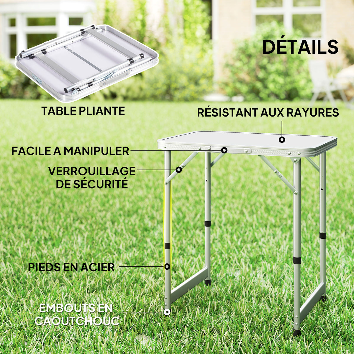 Table Pliante Table de Camping Table de Jardin Hauteur réglable Aluminium MDF Blanc-4