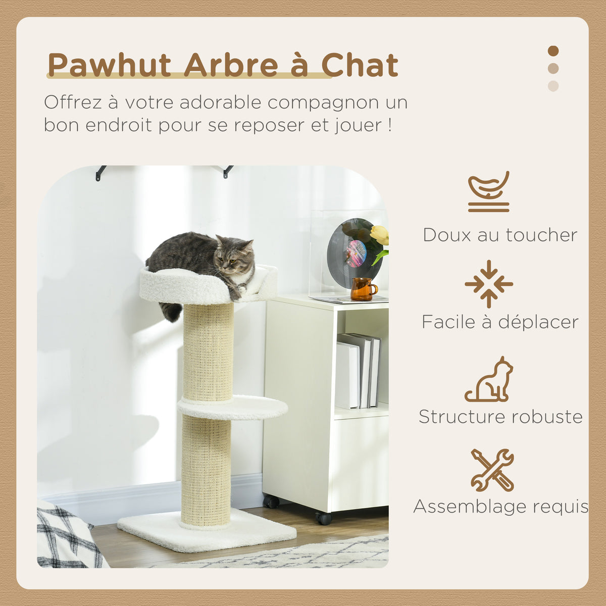 Arbre à chat avec griffoir centre d'activités 2 plateformes coussin crème-3