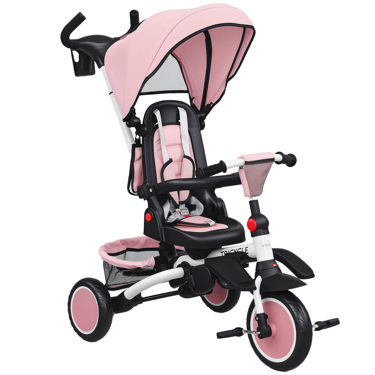 Tricycle bébé évolutif 6 en 1, tricycle enfant pliable avec poignée parentale réglable, siège pivotant 360°, rose-0