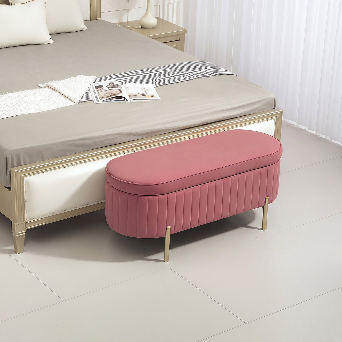 Banc de rangement, bout de lit en velours avec couvercle, pieds en métal, capacité 72 L, 107x42x45,5cm, rose-1