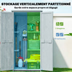 Armoire de jardin, armoire extérieure de rangement en bois avec 2 portes verrouillables, 2 étagères et 10 crochets, gris-3