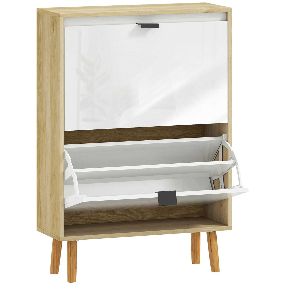 Meuble à chaussures, armoire à chaussures étroite, 2 tiroirs rabattables, portes haute brillante, 60x24x91cm, blanc-0