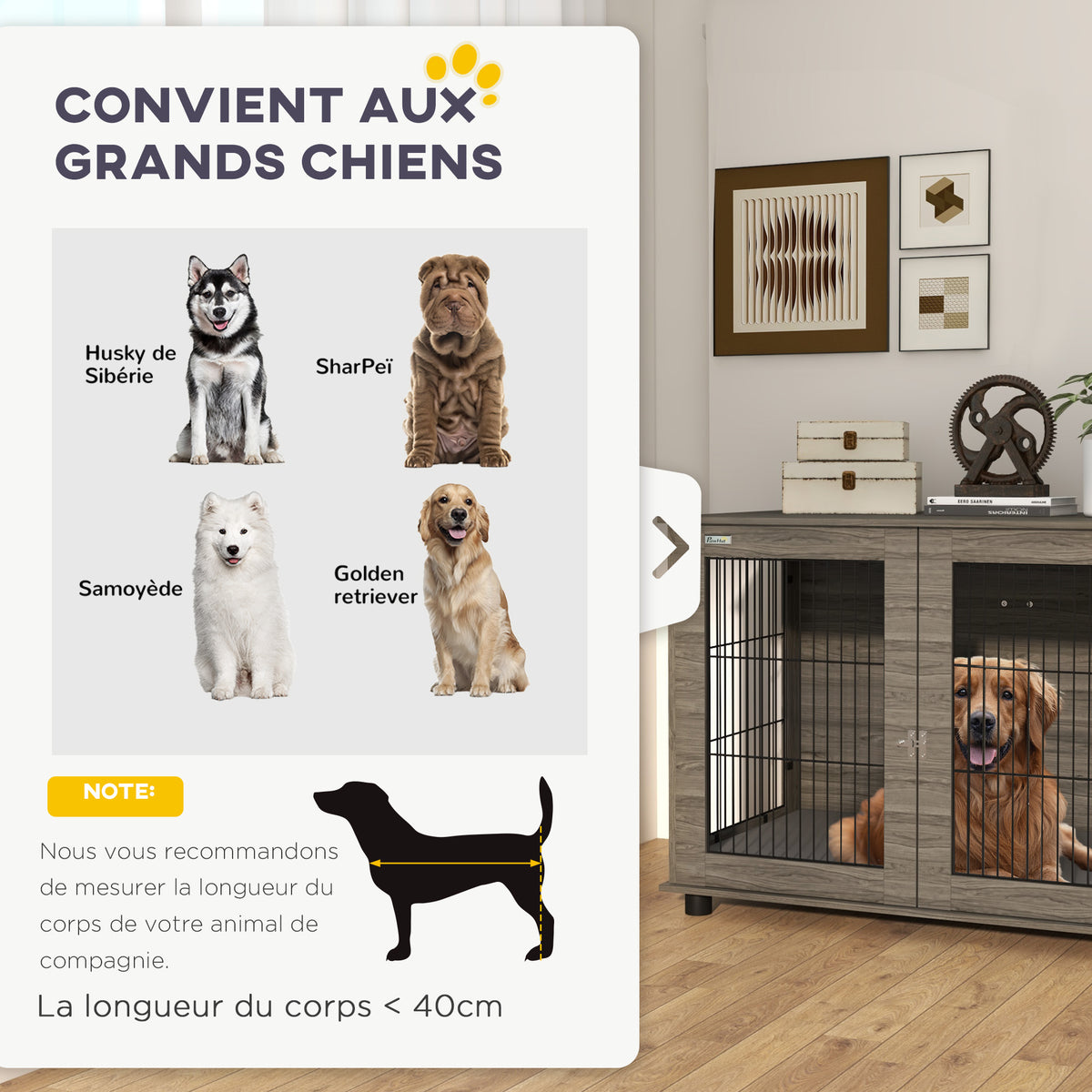 Cage pour chien 2 en 1 table d'appoint avec coussin en peluche déhoussable porte verrouillable 100 x 60 x 73,5 cm gris-3