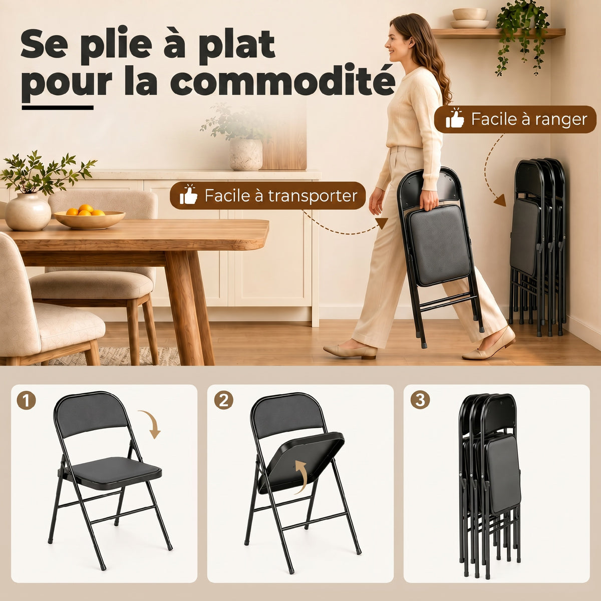 Lot de 4 chaises pliantes chaises de salle à manger portables cadre en acier 45 x 46 x 78 cm noir-5