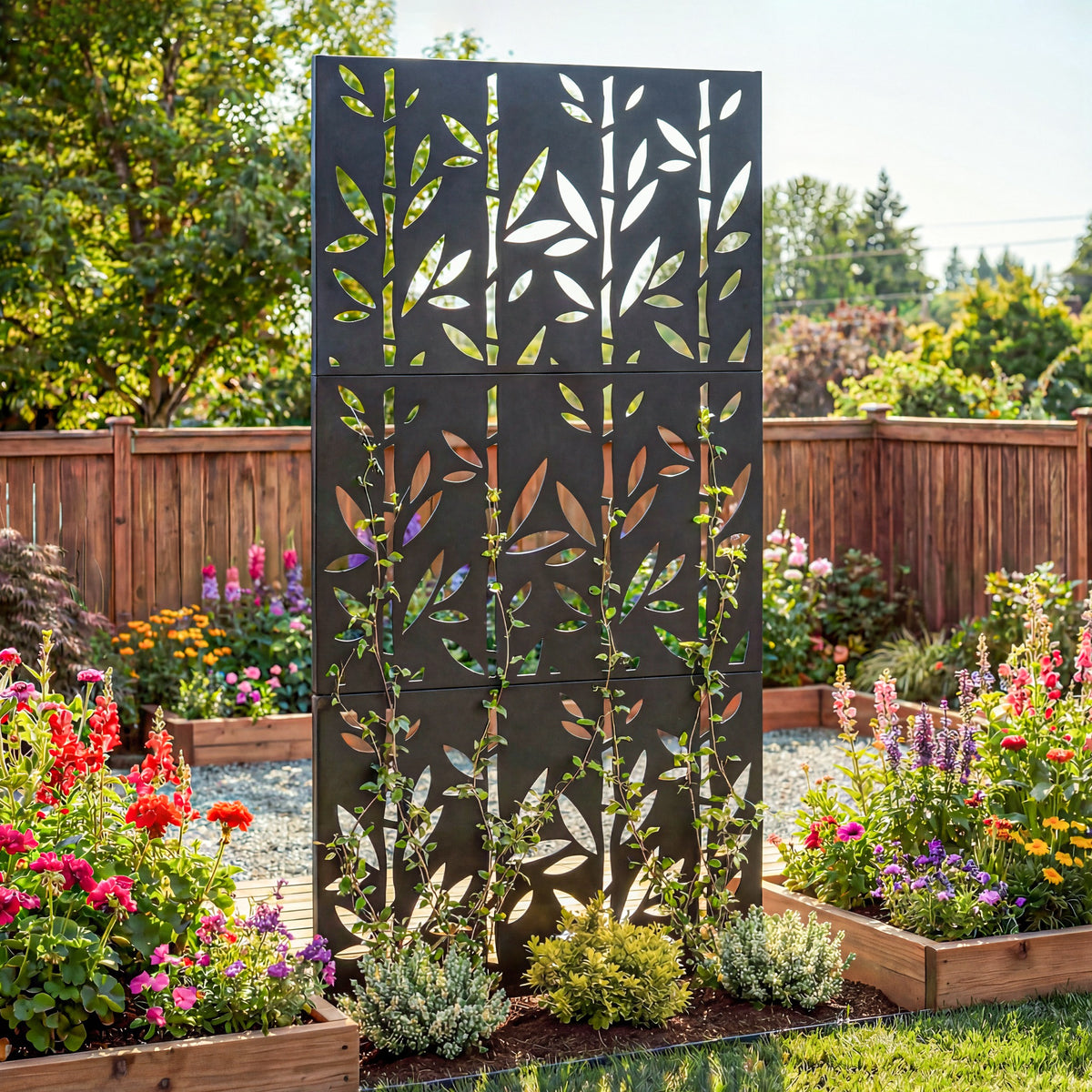 Panneau Brise Vue décoratif Extérieur Claustra Décoratif Jardin 3 Panneaux à motif Bambou métal 92x40x192cm Noir-1