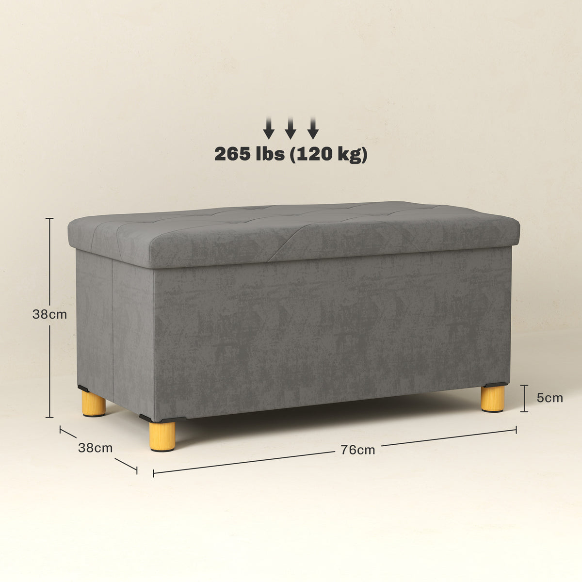 Banc de rangement bout de lit pliable volume 67 L capacité de charge 120 kg avec couvercle 76L x 38l x 38H cm gris-2