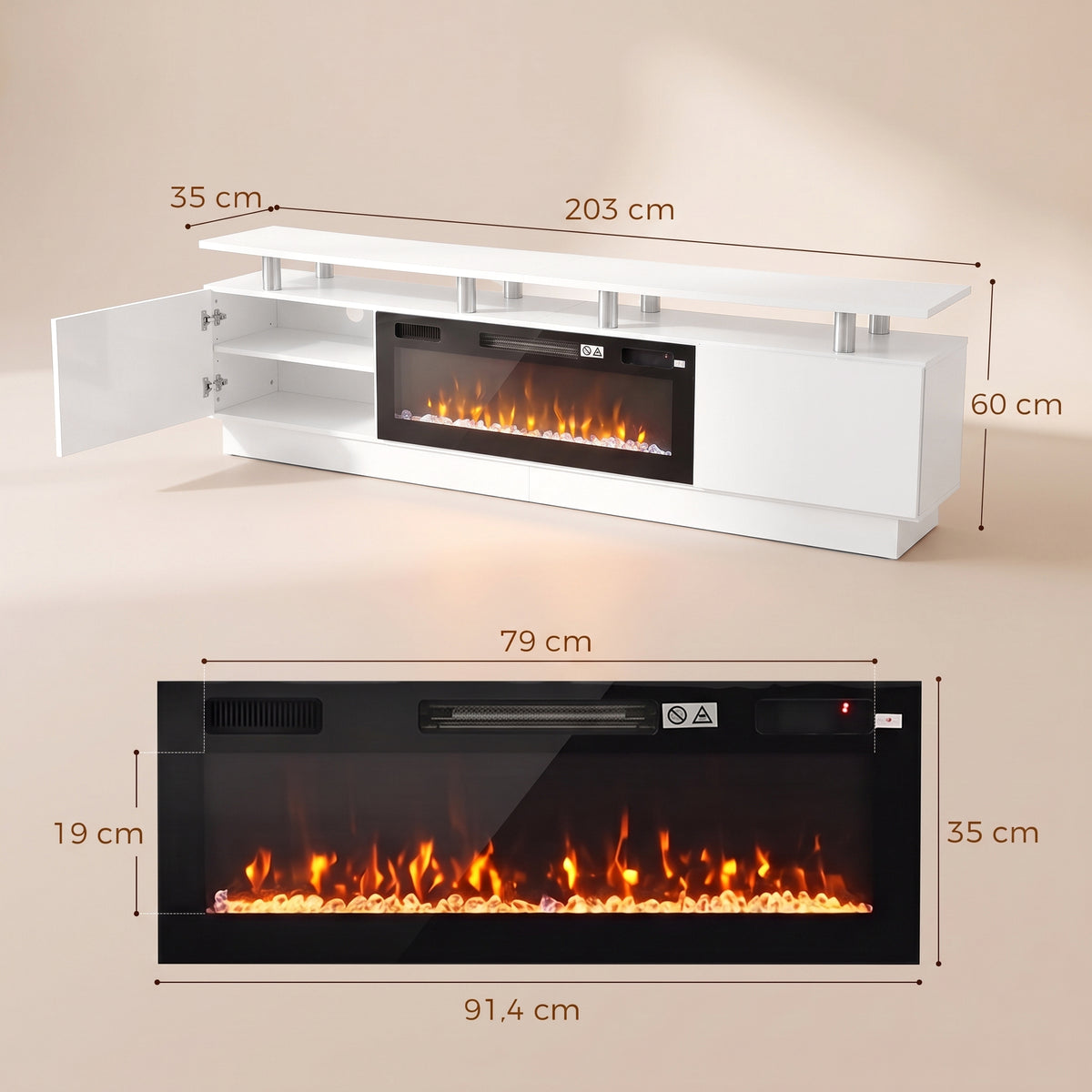 Meuble TV avec Cheminée Électrique 203cm avec Éclairage LED Fausse Cheminée Décorative 900/1800W Effet Flamme 3D Blanc-2