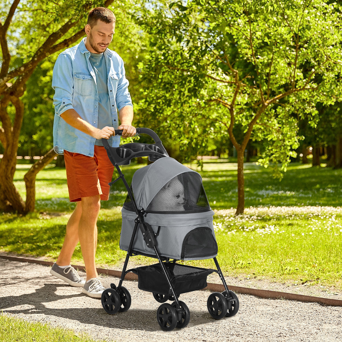 Poussette pour chien et chat pliable, 4 roues avec freins, tissu Oxford 300D imperméable, panier de rangement, gris-1