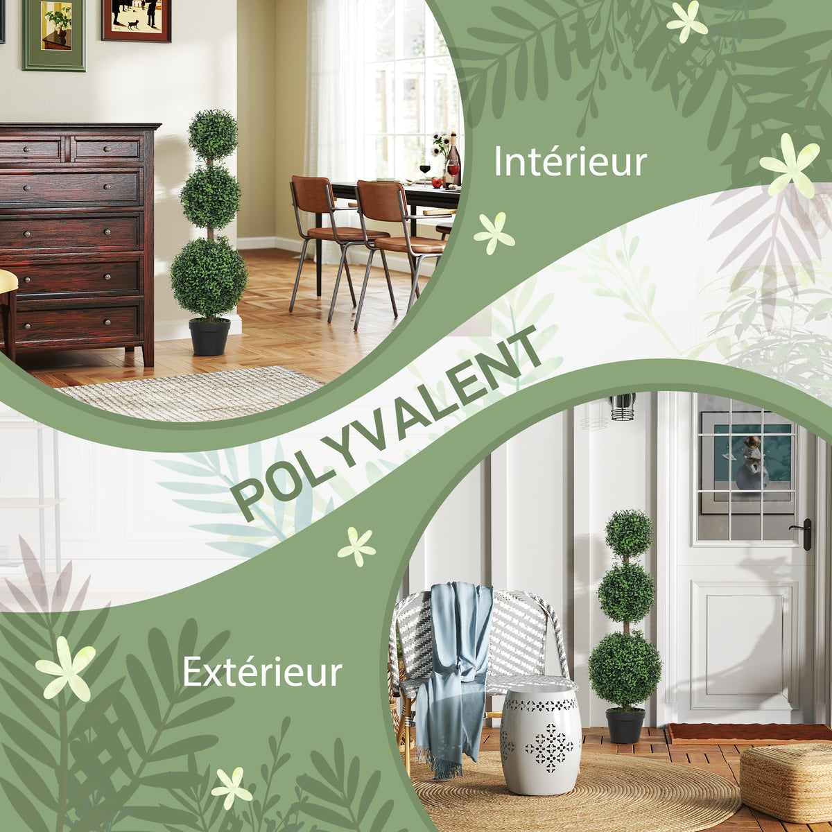 Lot de 2 arbres artificiels 101,6 cm 3 boules de buis topiaires fausse plante vert PE avec pot intérieur et extérieur-4