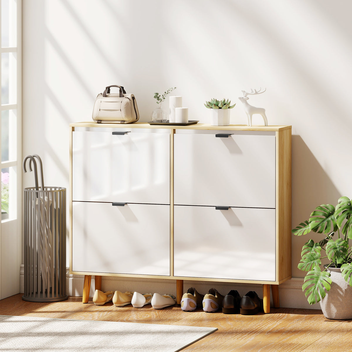 Meuble à chaussures, armoire à chaussures étroite, 4 tiroirs rabattables, porte haute brillante, 105x24x92,5cm, blanc-9
