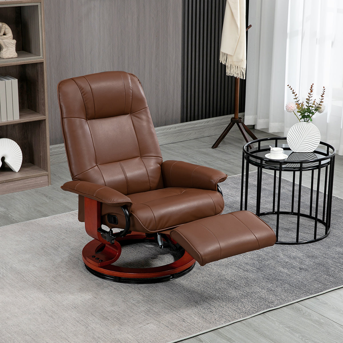 Fauteuil relax inclinable repose-pieds réglable pivotant 360° piètement bois revêtement PU respirant et doux marron-9