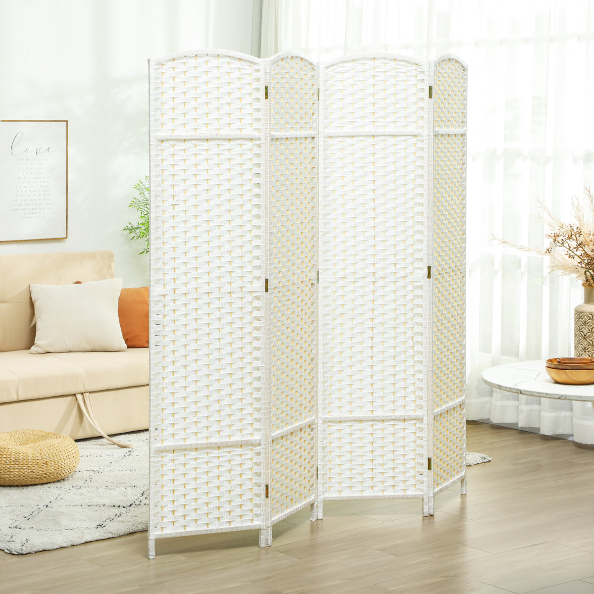 Paravent interieur en bois 4 panneaux 160 x 170 cm séparateur de pièce pliable pour salon, chambre à coucher, blanc-1