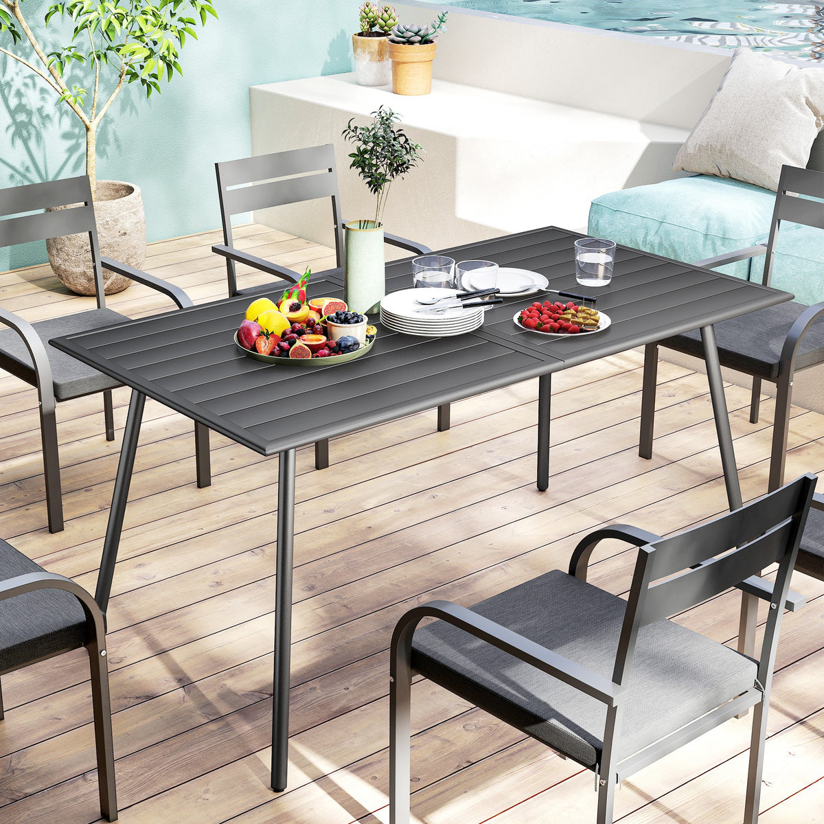 Table à manger de jardin pour 6 personnes avec plateau à lattes pour jardin, patio, terrasse, 150 x 80 x 74 cm, gris-8
