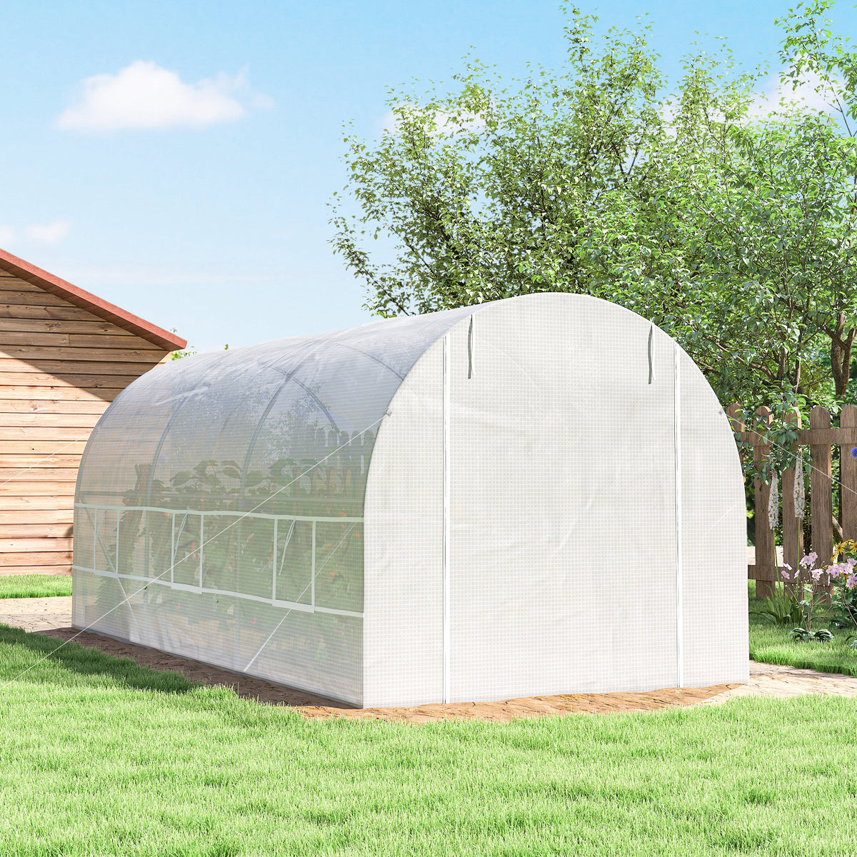 Serre tunnel de jardin 9m², serre de jardin tunnel avec porte et 6 fenêtres, bâche PE 140 g/m² 445 x 200 x 200 cm blanc-8