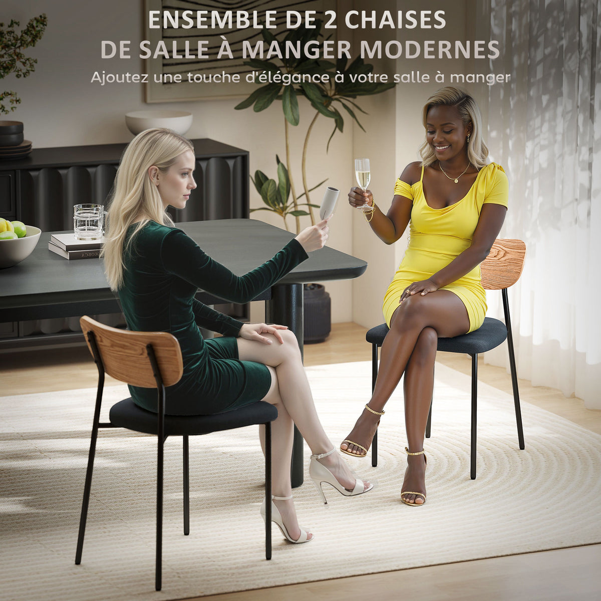 Lot de 2 chaises de salle à manger avec pieds en acier, dossier incurvé et assise rembourrée, gris et effet bois naturel-3