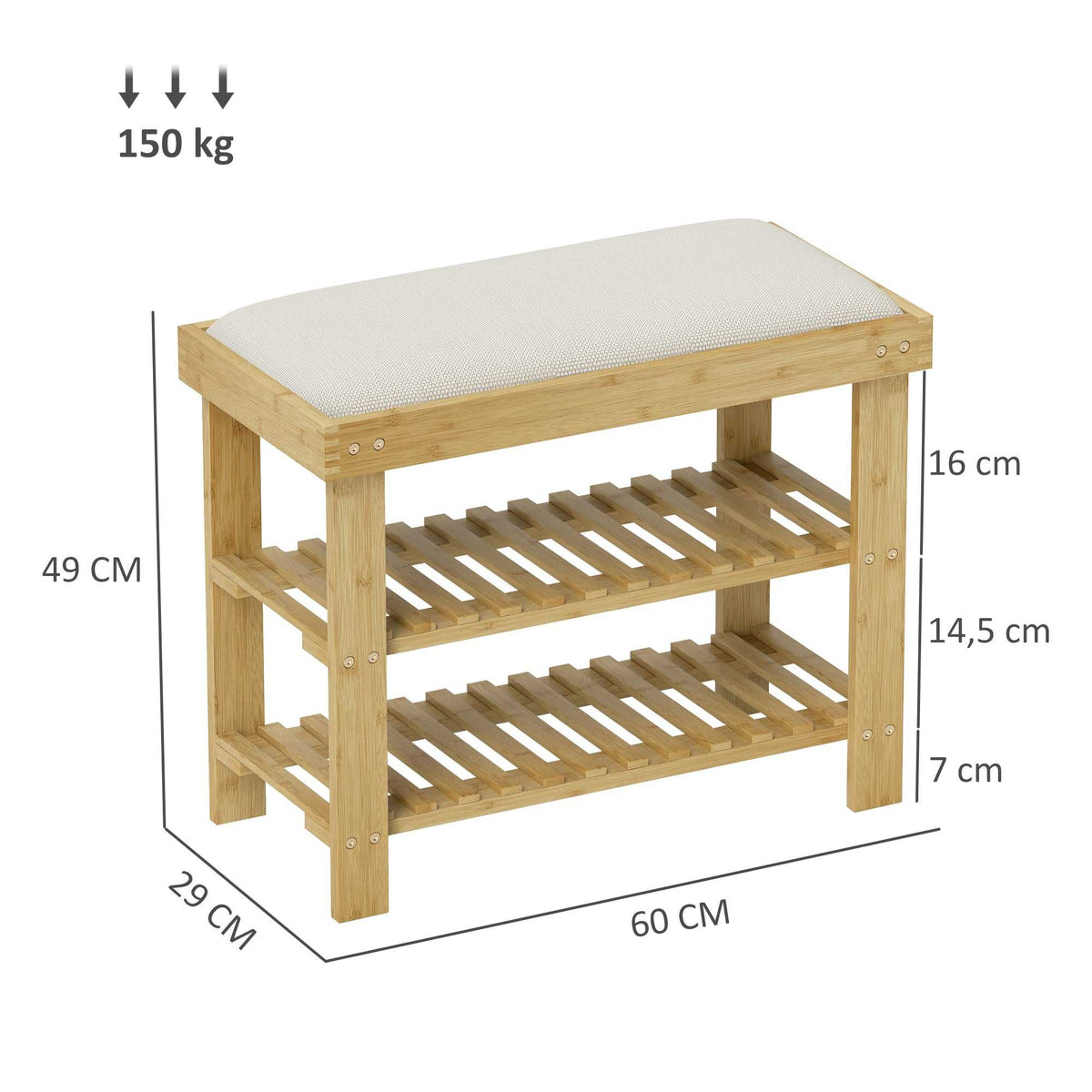Banc à chaussures en bambou, étagère à chaussures à 3 niveaux, style scandinave, 60 x 29 x 49 cm, crème et bois naturel-2